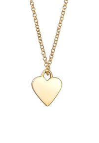 Gul hjertformet vedhæng på en kædede halskæde, med en glat overflade og et enkelt, rundet design.