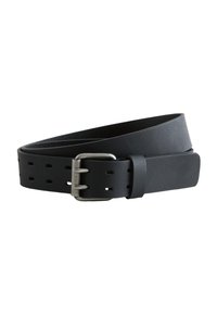 Black leather belt with a smooth texture, featuring multiple holes for adjustment and a silver-toned metal buckle. Simple design.
