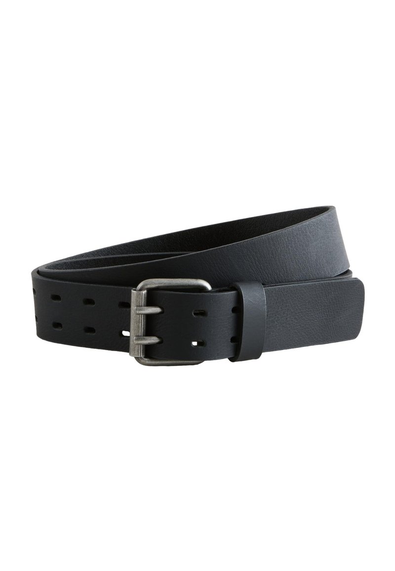 Black leather belt with a smooth texture, featuring multiple holes for adjustment and a silver-toned metal buckle. Simple design.