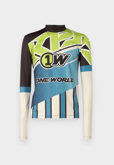 Long-sleeve swim shirt in multi-colored fabric. Features geometric patterns in green, blue, and black with bold text graphics.