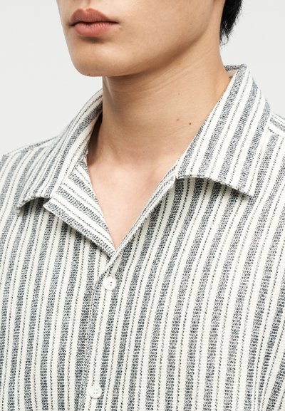 Άτομο που φοράει λευκό πουκάμισο με κάθετες μαύρες ρίγες και ανοιχτό γιακά, με εμφανές το κάτω μέρος του προσώπου και το λαιμό, πάνω σε ανοιχτό φόντο.