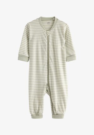 raidalliset vauvahaalarit vaaleanvihreässä ja valkoisessa, pehmeästä kankaasta, pitkähihaisilla, etuvetoketjulla ja cuffattuja helmia.