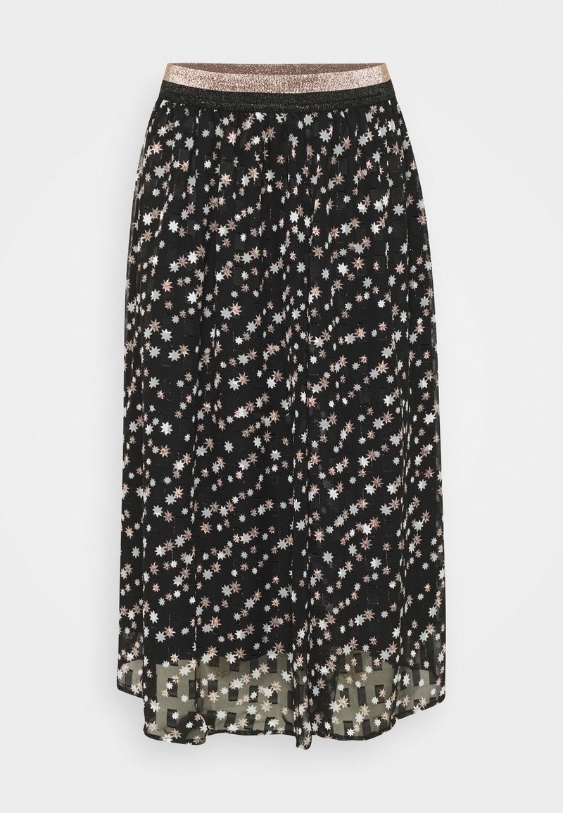 Jupe midi noire avec motifs d'étoiles blanches et beiges et une taille élastique brillante en or rose.