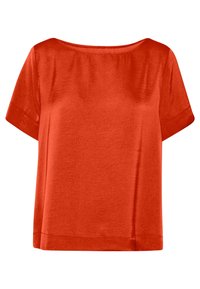 Top rosso a maniche corte con scollo ampio, realizzato in tessuto morbido, presenta una vestibilità comoda e un orlo dritto. Senza fantasie né dettagli.