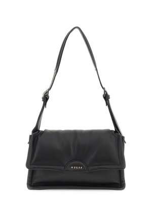 Black rectangular shoulder bag with padded flap and adjustable strap, featuring small silver "GUESS" logo on front center.