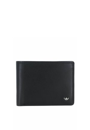 Schwarze Leder-Bi-Fold-Geldbörse mit abgerundeten Kanten und kleinem silbernem Logoemblem in der unteren rechten Ecke.