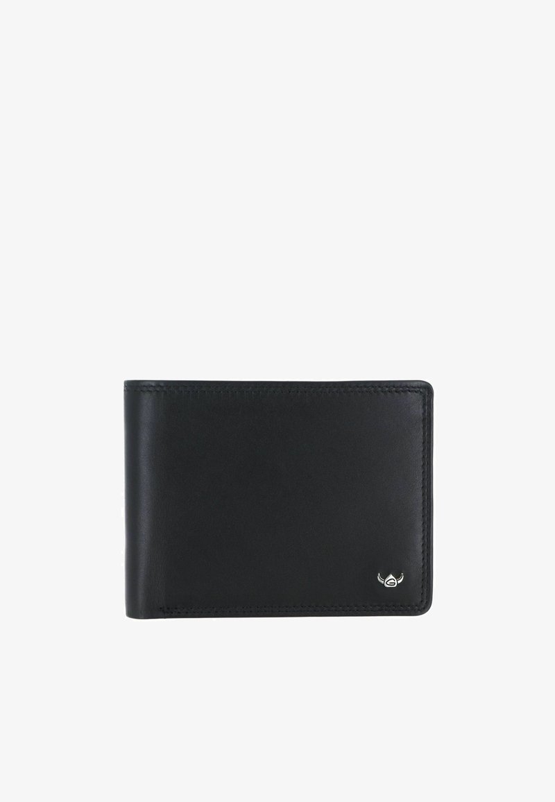 Portefeuille en cuir noir pliable deux volets avec bords arrondis et petit emblème logo argenté en bas à droite.