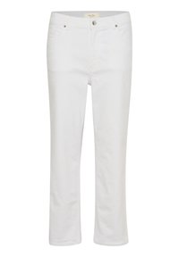 Vita denimbyxor med rak passform, femfickorsdesign och knäppning. Sl�ät yta med sömmar längs sömmarna.