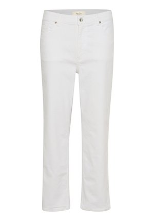 Pantaloni in denim bianco con taglio dritto, design a cinque tasche e chiusura con bottone. Tessuto liscio con cuciture lungo le cuciture.