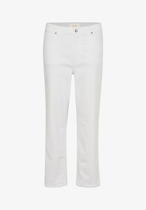 Pantalones de mezclilla blancos con corte recto, diseño de cinco bolsillos y cierre de botón. Textura suave con costuras a lo largo de las costuras.