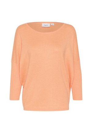 Suéter de punto en melocotón claro con escote ancho, mangas tres cuartos y textura acanalada. La etiqueta dice "Saint", talla mediana.