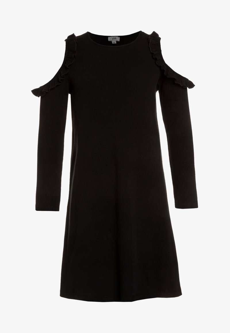 Abito maglione nero con maniche lunghe, scollature sulle spalle e dettagli a volant lungo le cuciture delle spalle. Realizzato in tessuto a coste.