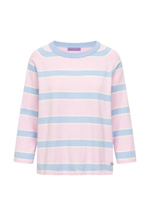 Trui met lange mouwen en ronde hals, voorzien van brede horizontale strepen in pastelroze, blauw en wit, met een klein logolabel vlak bij de zoom.