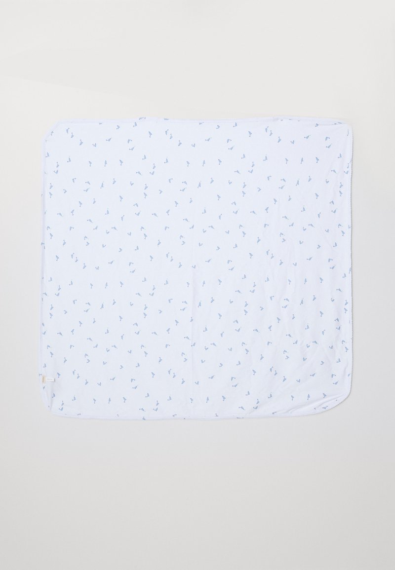 Cotton blanket in white with a light blue bird pattern, rectangular shape, soft texture, and finished edges. Size suitable for infant use.