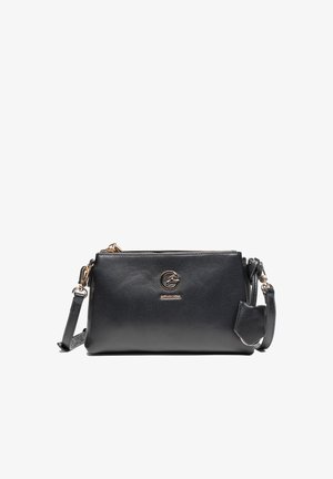 Sac bandoulière en cuir noir avec logo doré, fermeture éclair, sangle réglable et petite pochette attachée sur fond blanc.
