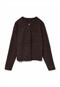 Dunkelbrauner, langärmeliger Cardigan aus strukturiertem Stoff; verfügt über einen runden Ausschnitt und einen einzigen Knopfverschluss vorne.