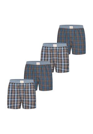 Four pairs of men's plaid boxer shorts in shades of gray, blue, and white with elastic waistbands and small brand labels centered on front.