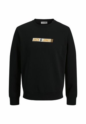 Sweat-shirt noir à manches longues et col rond avec logo "JACK & JONES" jaune et blanc centré sur la poitrine.