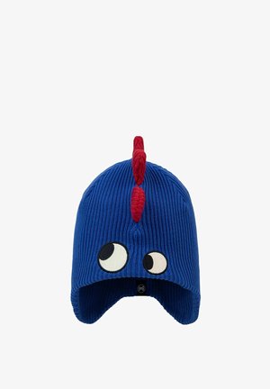 Blue knit hat with large cartoon eyes and red fabric mohawk. Features ribbed texture and ear flaps, labeled with a black tag.