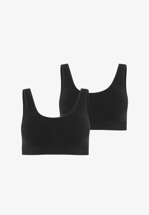 Svarta bralette-topp med scoop-urringning, breda axelremmar och sömlös design, tillverkade av mjukt, elastiskt material.