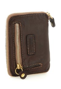 Portafoglio in pelle marrone con tasca frontale con zip, cerniera dorata e cuciture in vista, impresso con il logo "Caterina Lucchi".
