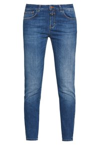 Blue denim jeans with a slim fit, five pockets, and a zip fly. The fabric features a faded wash and subtle texture variations.