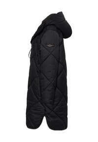 Zwarte gewatteerde puffer vest met capuchon, voorzien van een diagonaal patroon, een ritszak aan de zijkant en een verstelbare trekkoord bij de nek.