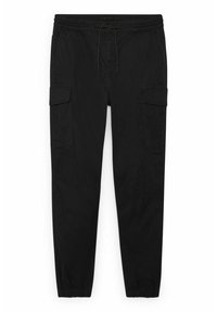 Pantalon cargo noir avec taille élastique, cordon de serrage, poches à rabat sur les côtés, poches avant et poignets élastiques.