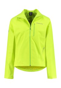 Helle gelbe wasserdichte Jacke mit einem Reißverschluss vorne, langen Ärmeln, Seitentasche und einem geschwungenen Saum. Mit reflektierenden Akzenten.
