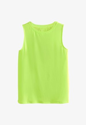 Ujjatlan, élénk neonzöld trikó sima, rugalmas anyagból, lekerekített nyakkivágással és bő szabással.