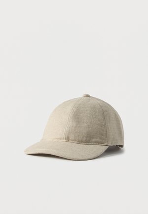 Beige fabric baseball cap with a curved brim, six-panel design, and visible stitching. Smooth texture, simple style, and no embellishments.