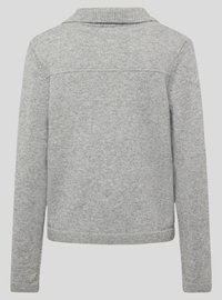 Grau gestrickter Pullover mit kragenähnlichem Ausschnitt, langen Ärmeln und strukturierter Oberfläche. Verfügt über einen geraden Saum und dezente Nahtdetails auf der Rückseite.