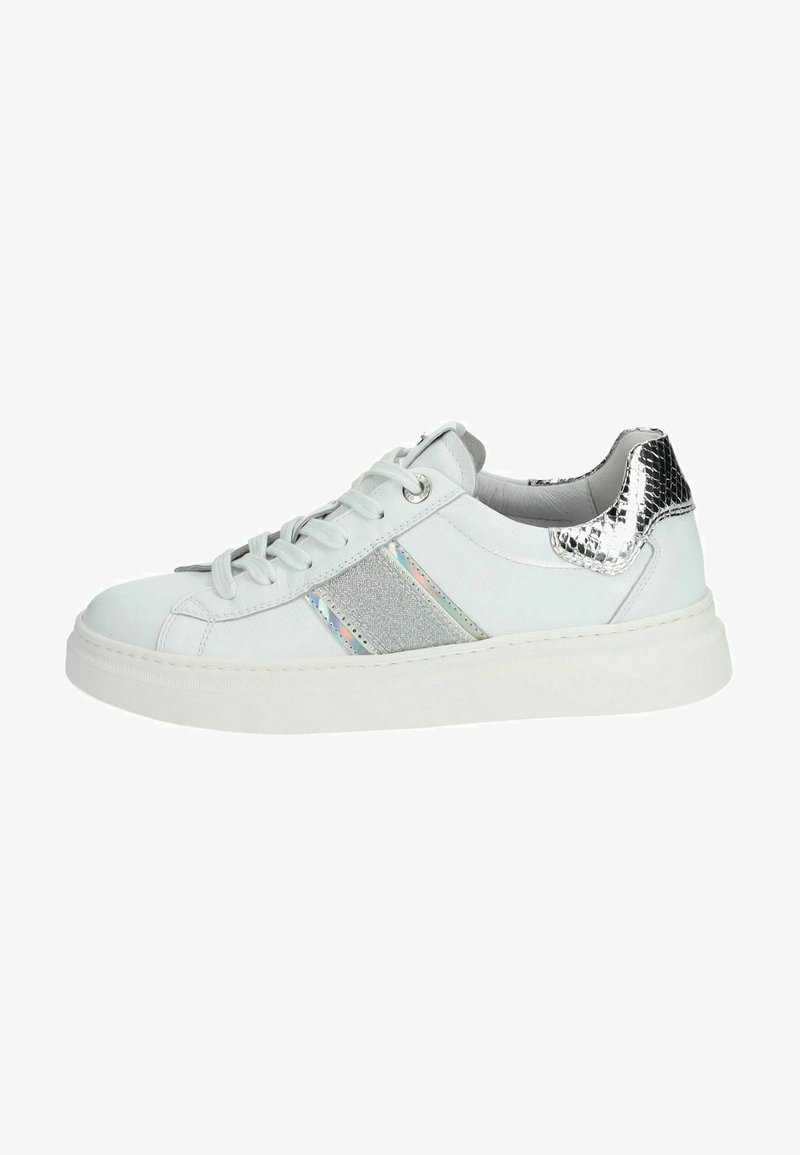 White leather sneaker with silver accents, textured heel, and iridescent stripe. Features rounded toe, lace-up front, and thick sole.