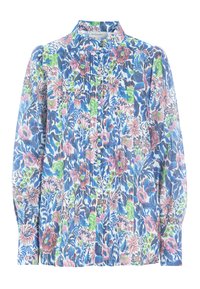 Camicia con stampa floreale che presenta colori blu, rosa e verde. Maniche lunghe con dettagli plissettati e colletto alla cinese. Bottoni sul davanti.