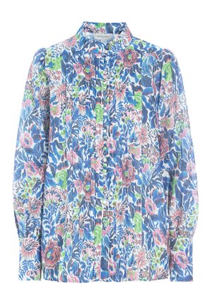 Blommig skjorta med blåa, rosa och gröna färger. Långärmad med veckade detaljer och en mandarin-krage. Knappar fram.