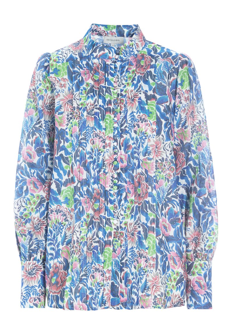 Blomstret bluse i blå, grøn og pink med høj krave, knaplukning, plisseret tekstur og lange puffærmer.