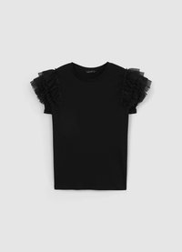 T-shirt noir à manches courtes avec des volants en tulle superposés sur les épaules, tissu doux, col ras du cou et coupe décontractée.