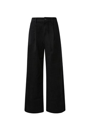 Zwarte wijde broek van katoen met een soepele textuur, voorzien van een enkele knoopsluiting en voorplooien voor extra details.