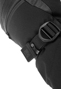 Black fabric product featuring a textured leather panel, with an adjustable nylon strap and a plastic buckle for secure fastening.