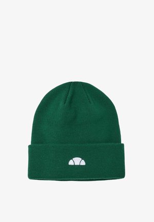 Zielona, dzianinowa czapka z podwiniętym mankietem. Na przodzie znajduje się biała, haftowana dekoracja przypominająca rogalika. Miękka tekstura.