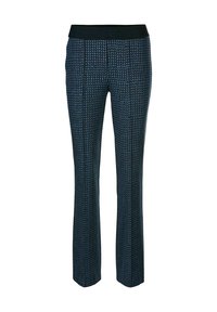 Zwarte tailleband stretchbroek met een slim fit ontwerp, voorzien van een blauw-wit patroon van verticale lijnen, een soepele textuur en een uitlopende onderkant.