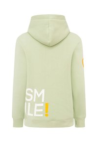 Helle grüne Kapuzenjacke mit weicher Textur. Auf der Rückseite befindet sich ein großes weißes und gelbes Grafikdesign mit der Aufschrift "SMILE!" und eine Kordelzugkapuze.