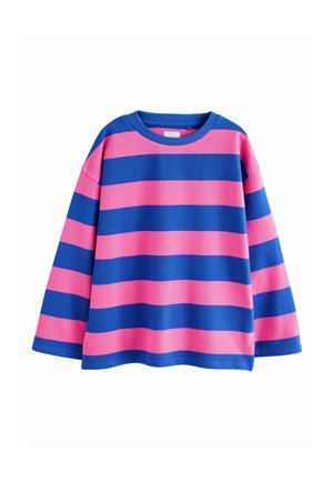 Langärmliger Baumwollpullover in Blau- und Rosa-Streifen mit rundem Halsausschnitt und lockerer Passform. Die horizontalen Streifen wechseln in der Breite.