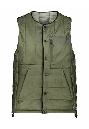 Olivgrüner Puffer-Weste mit gestepptem Design, vorderen Druckknöpfen und einer mit Reißverschluss versehenen Brusttasche. Sie verfügt über eine glatte Textur und kontrastierender schwarzer Kante.