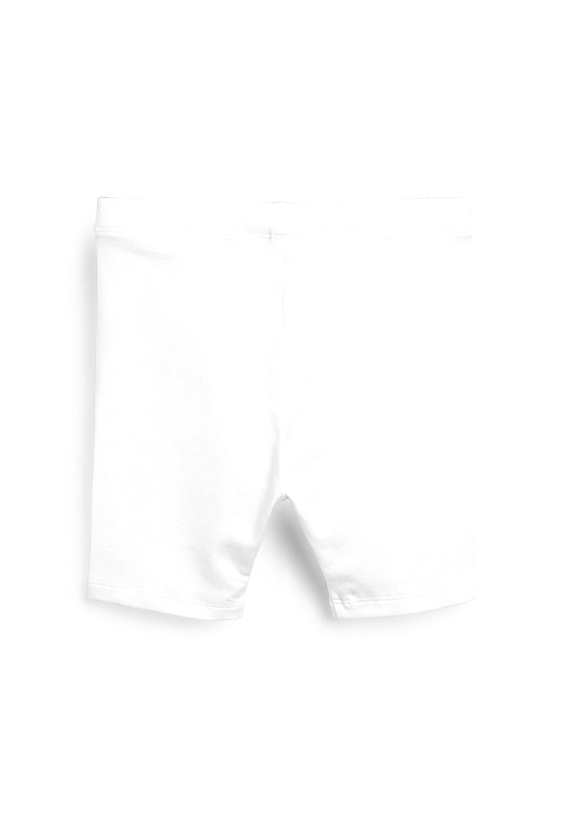 Witte katoenen shorts met een elastische tailleband en een gladde textuur. Het ontwerp heeft een knie-lange snit en geen zichtbare naden of patronen.