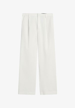 Witte wijde broek met hoge taille, riemlussen, zijzakken en een ritssluiting aan de voorkant.