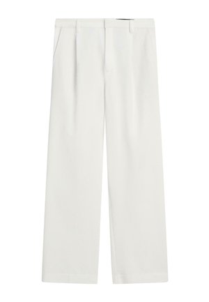 Bílé široké kalhoty s vysokým pasem, poutky na pásek, bočními kapsami a zapínáním na přední zip.