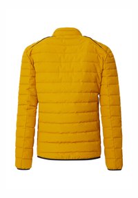 Yellow puffer jacket with horizontal stitching, a stand collar, and black trim at the hem and cuffs. Lightweight, quilted design.