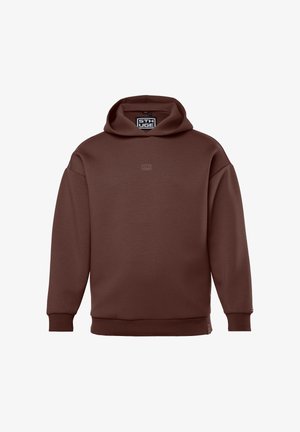 Bruine hoodie met klein logo in het midden op de borst en geribbelde manchetten en zoom, weergegeven op een witte achtergrond.