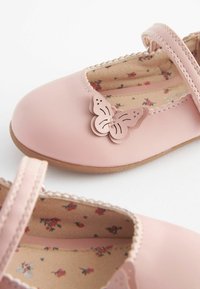 Las bailarinas rosas presentan un acento de mariposa y un forro interior con un diseño de flores. Los zapatos están situados sobre un fondo blanco.
